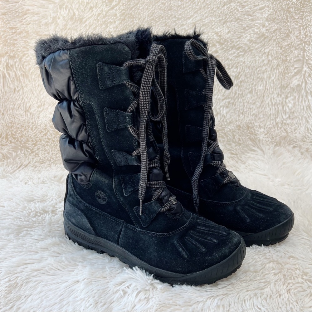 Timberland Tall Black Suede Winter Snow Boots Lace Up Faux Fur Size 7.5